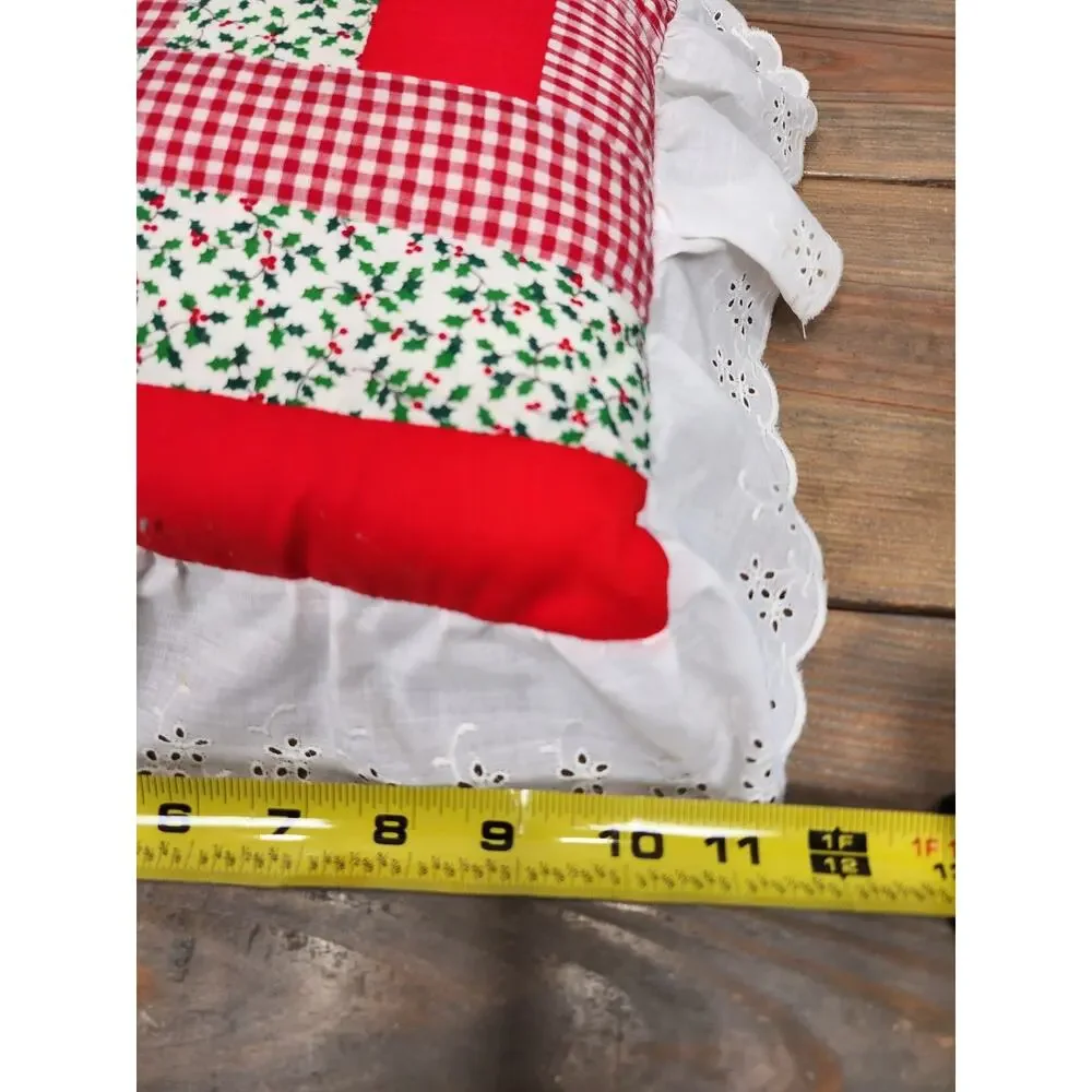 Vtg Handmade Christmas Throw Pillow Quilted Squares 10x10” Lace Edge Retro